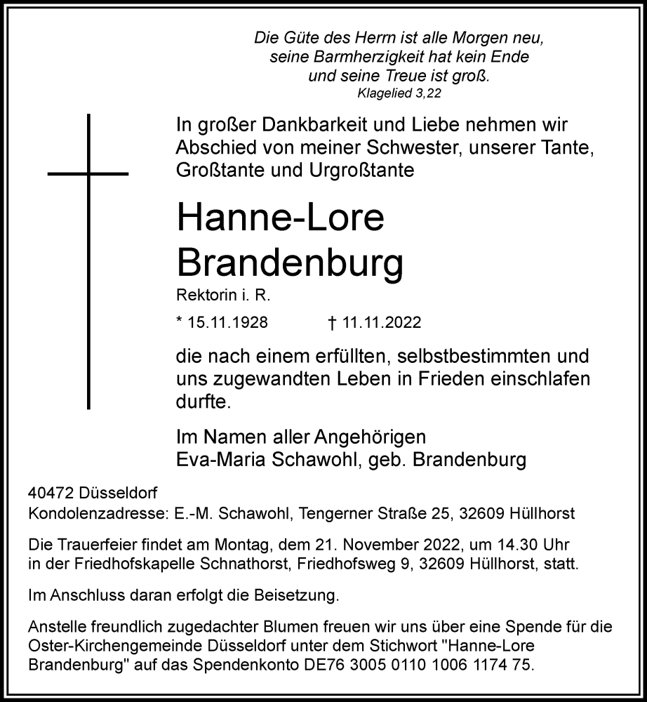  Traueranzeige für Hanne-Lore Brandenburg vom 19.11.2022 aus Rheinische Post