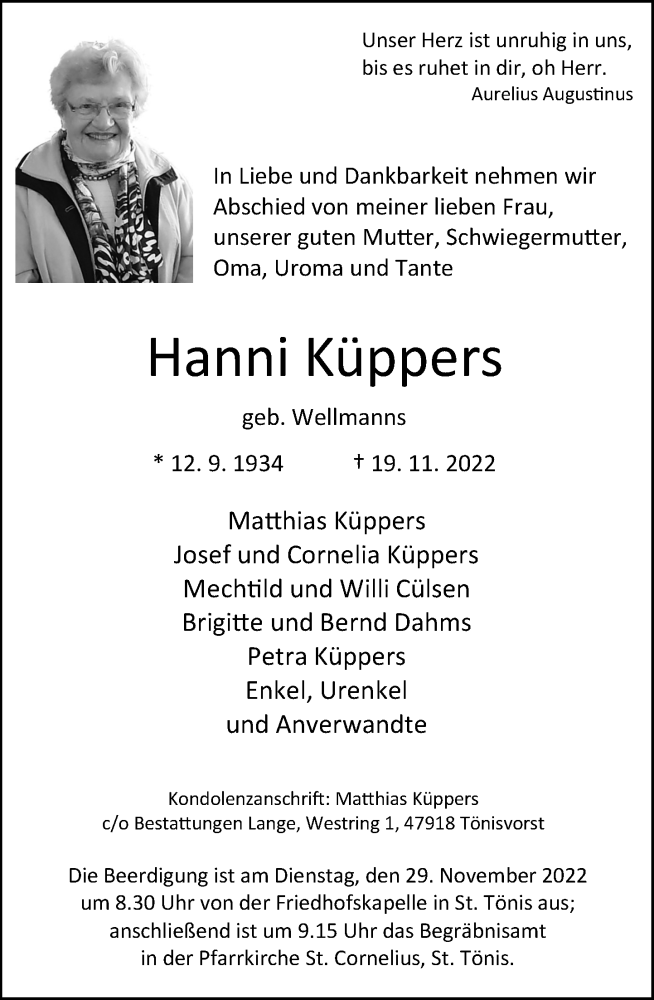  Traueranzeige für Hanni Küppers vom 26.11.2022 aus Rheinische Post
