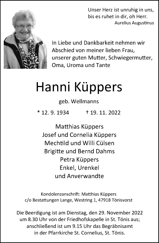 Traueranzeige von Hanni Küppers von Rheinische Post