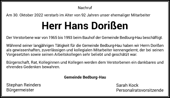 Traueranzeige von Hans Dorißen von Rheinische Post