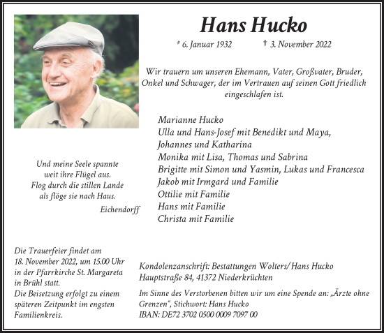Traueranzeige von Hans Hucko von Rheinische Post