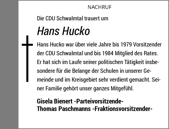 Traueranzeige von Hans Hucko von Rheinische Post