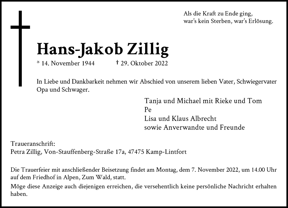  Traueranzeige für Hans-Jakob Zillig vom 03.11.2022 aus Rheinische Post