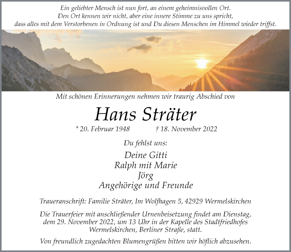  Traueranzeige für Hans Sträter vom 26.11.2022 aus Rheinische Post