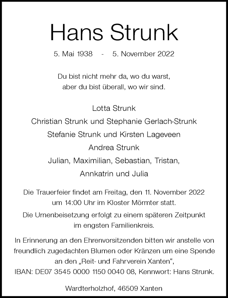  Traueranzeige für Hans Strunk vom 09.11.2022 aus Rheinische Post