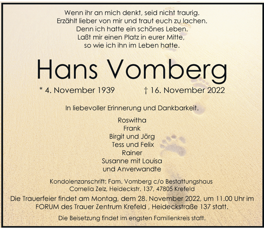  Traueranzeige für Hans Vomberg vom 26.11.2022 aus Rheinische Post