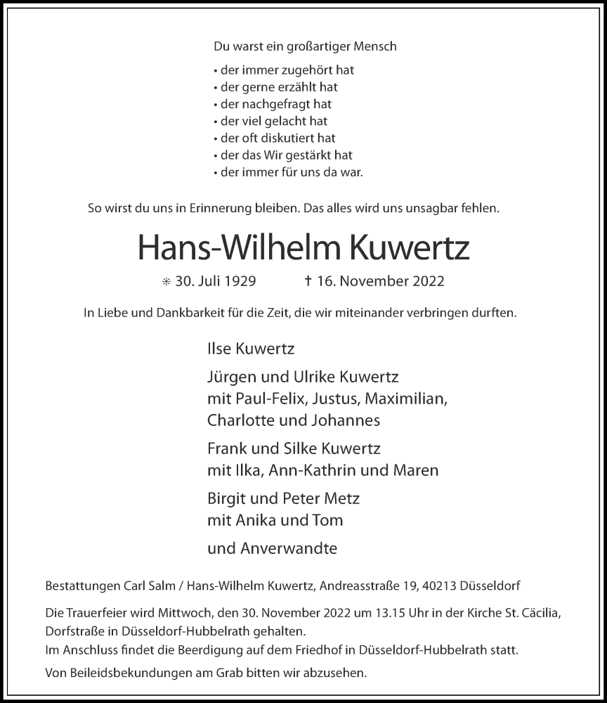  Traueranzeige für Hans-Wilhelm Kuwertz vom 26.11.2022 aus Rheinische Post