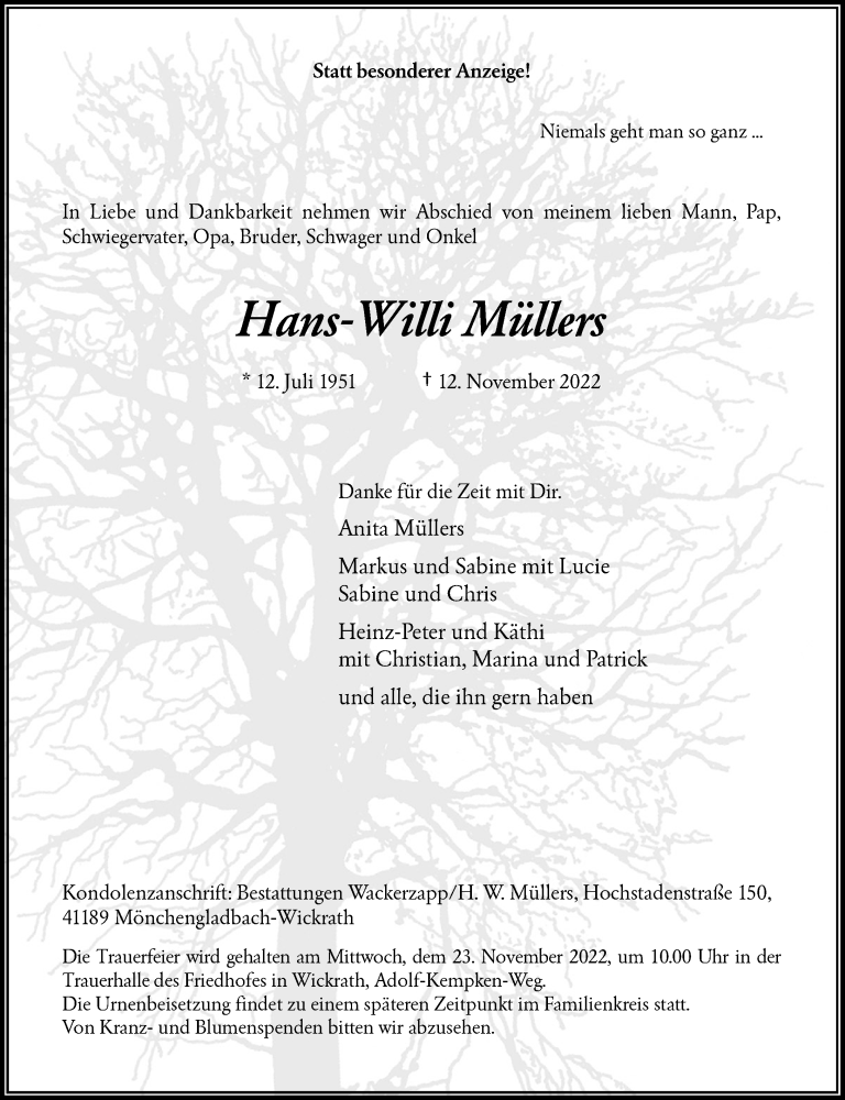  Traueranzeige für Hans-Willi Müllers vom 19.11.2022 aus Rheinische Post