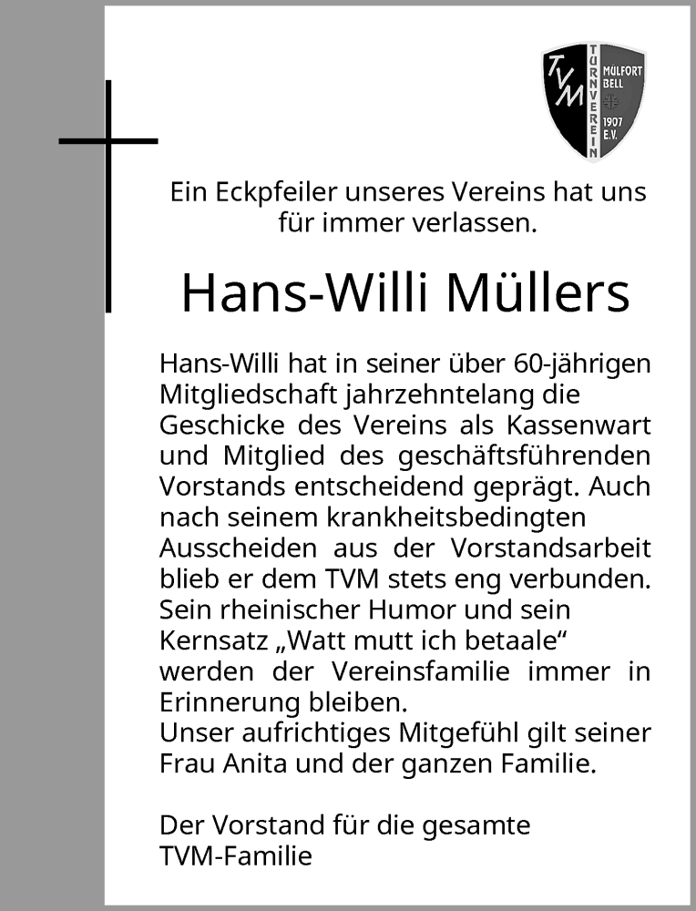  Traueranzeige für Hans-Willi Müllers vom 19.11.2022 aus Rheinische Post
