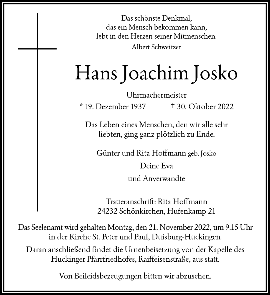 Traueranzeige für Hans Joachim Josko vom 12.11.2022 aus Rheinische Post