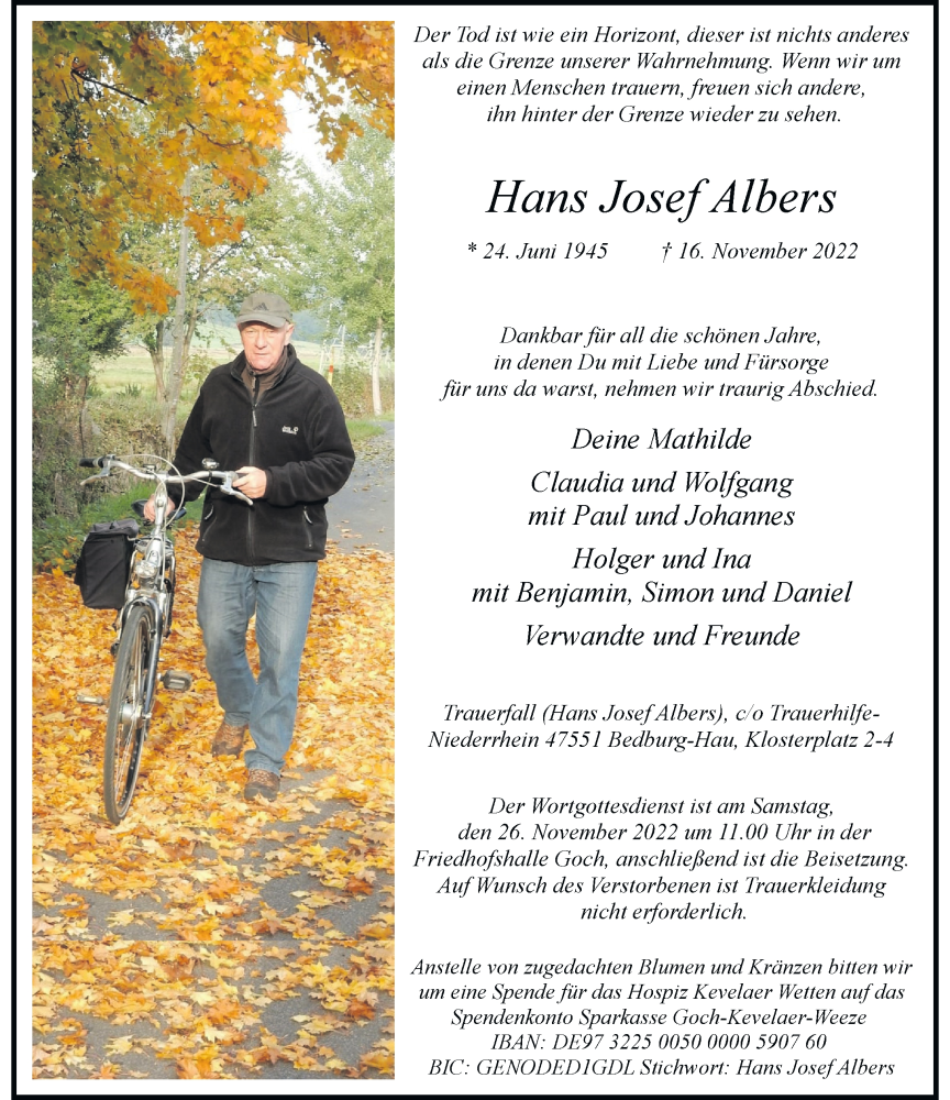  Traueranzeige für Hans Josef Albers vom 19.11.2022 aus Rheinische Post