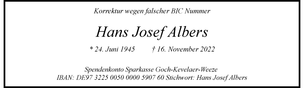  Traueranzeige für Hans Josef Albers vom 25.11.2022 aus Rheinische Post