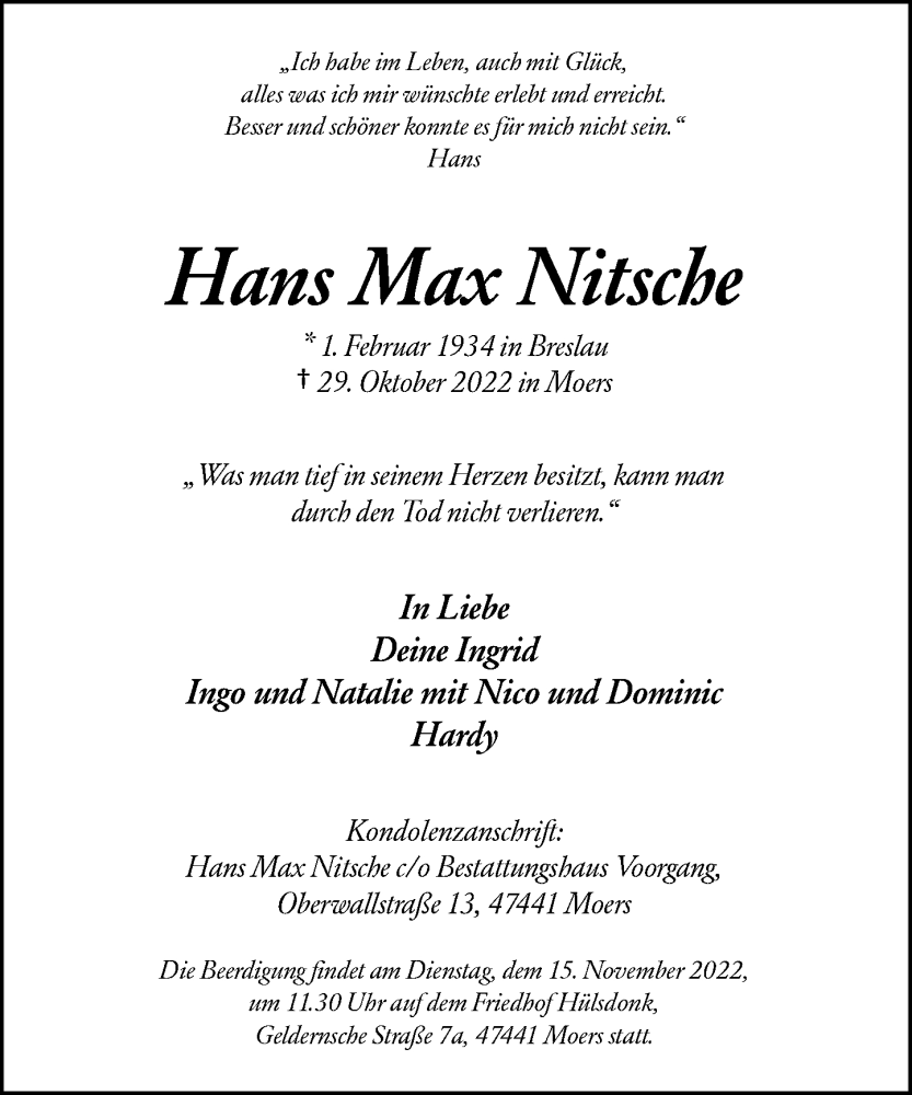  Traueranzeige für Hans Max Nitsche vom 05.11.2022 aus Rheinische Post