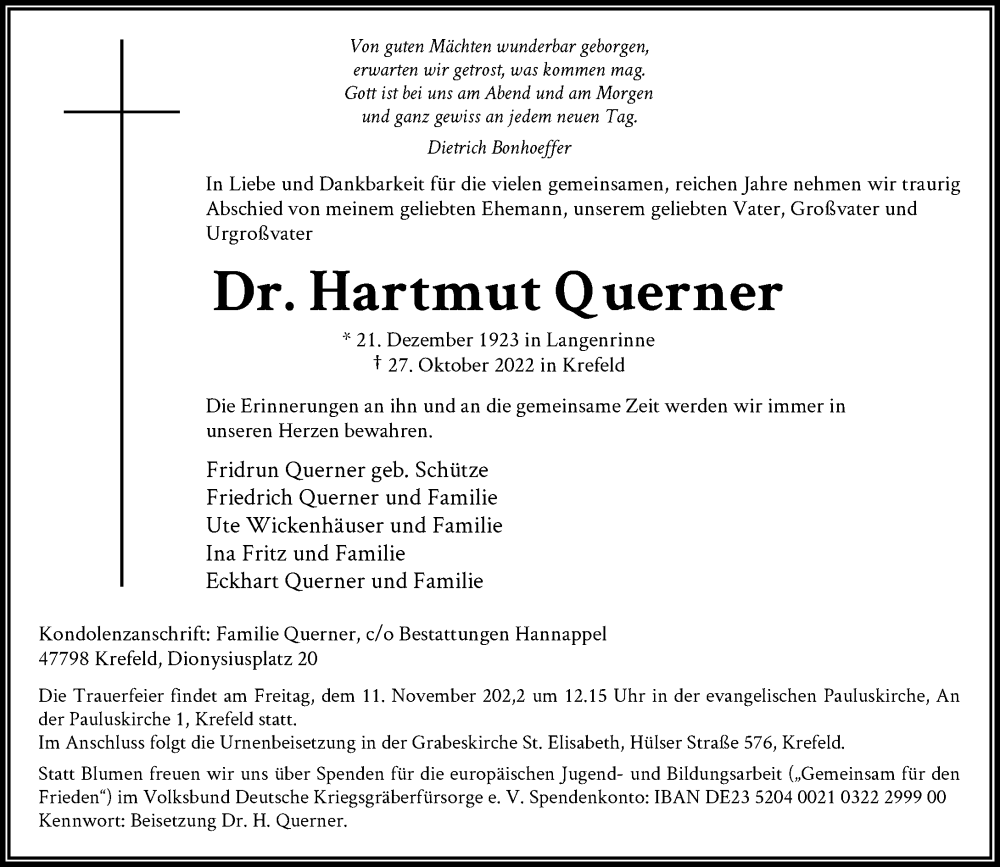  Traueranzeige für Hartmut Querner vom 05.11.2022 aus Rheinische Post