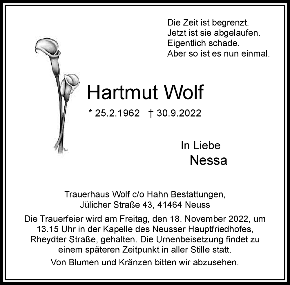  Traueranzeige für Hartmut Wolf vom 12.11.2022 aus Rheinische Post