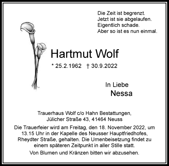 Traueranzeige von Hartmut Wolf von Rheinische Post