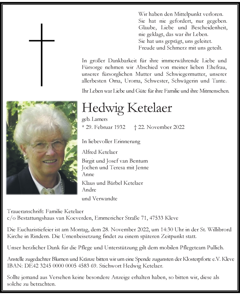  Traueranzeige für Hedwig Ketelaer vom 25.11.2022 aus Rheinische Post