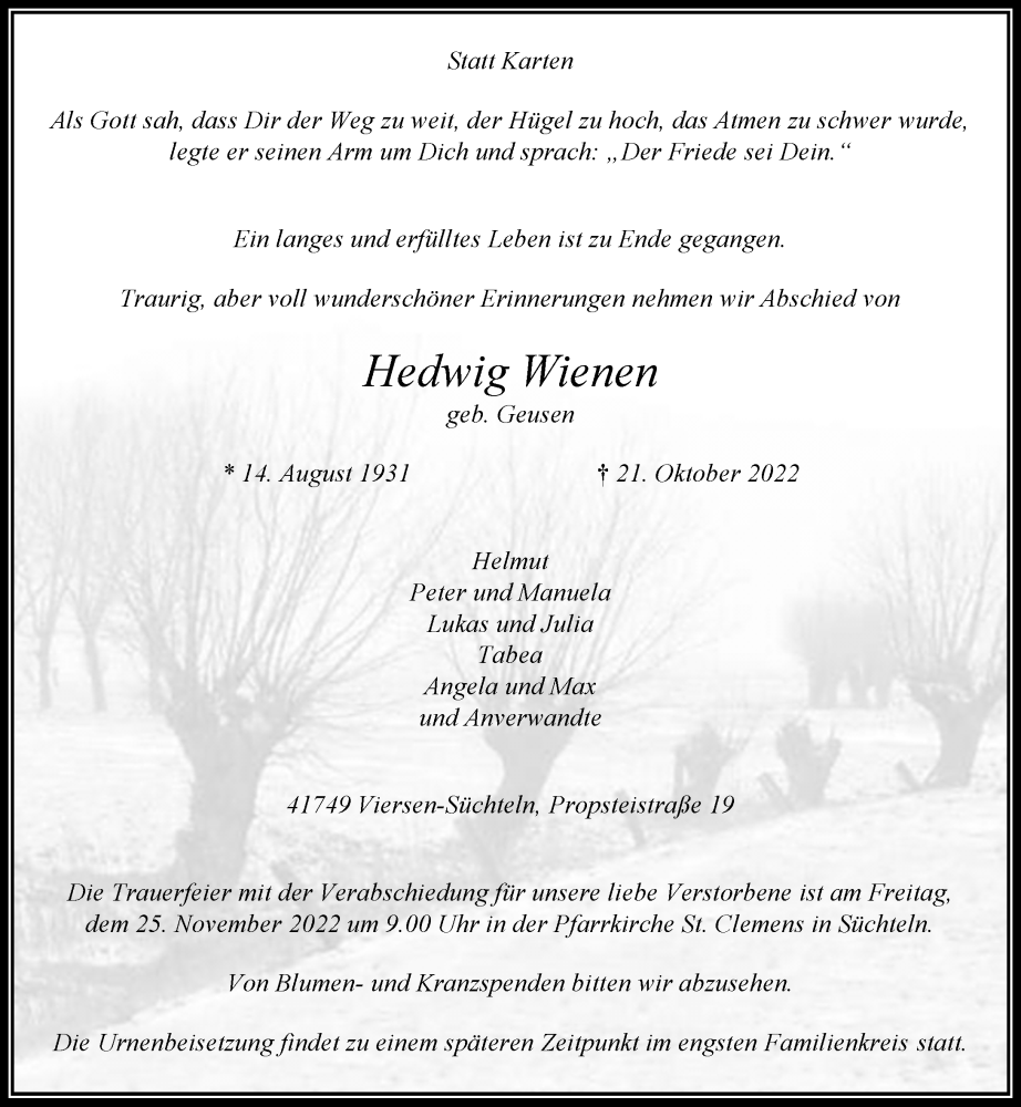  Traueranzeige für Hedwig Wienen vom 12.11.2022 aus Rheinische Post