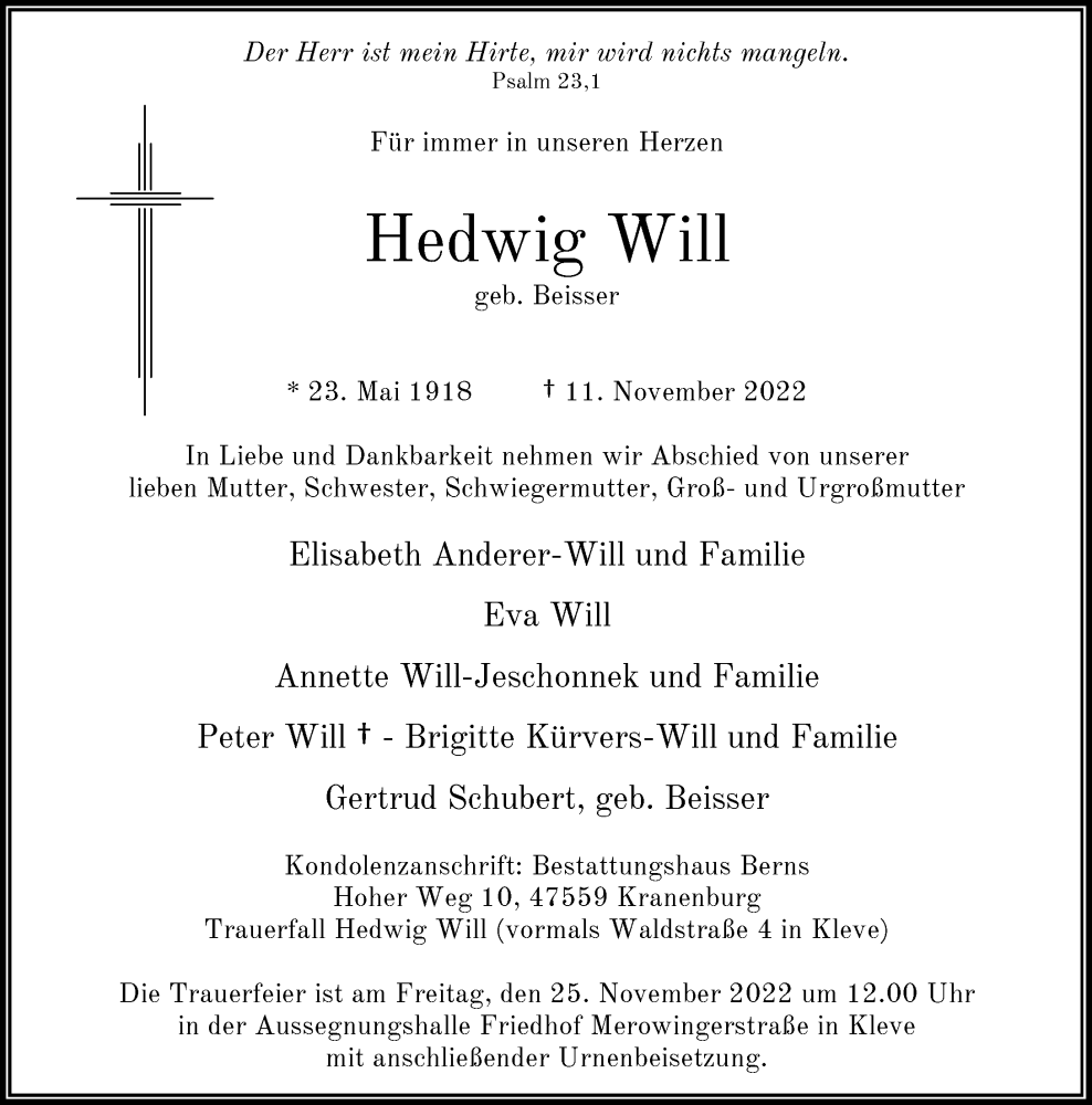  Traueranzeige für Hedwig Will vom 19.11.2022 aus Rheinische Post