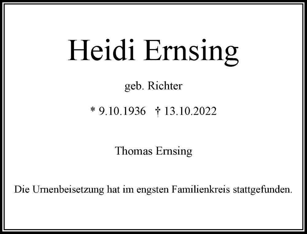  Traueranzeige für Heidi Ernsing vom 26.11.2022 aus Rheinische Post