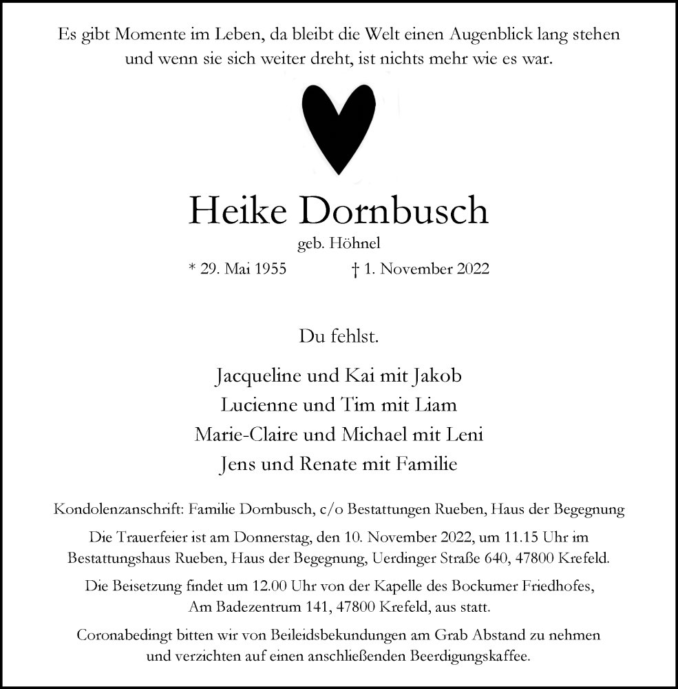  Traueranzeige für Heike Dornbusch vom 05.11.2022 aus Rheinische Post