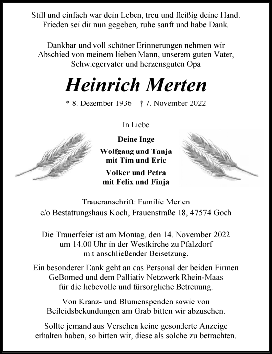 Traueranzeige von Heinrich Merten von Rheinische Post