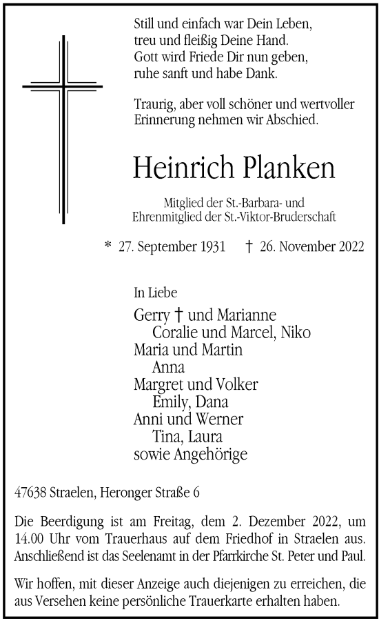 Traueranzeige von Heinrich Planken von Rheinische Post