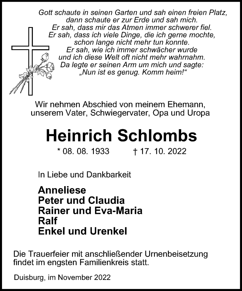  Traueranzeige für Heinrich Schlombs vom 11.11.2022 aus Rheinische Post