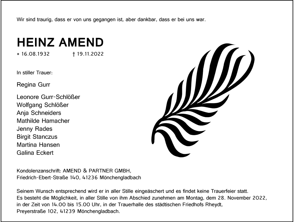  Traueranzeige für Heinz Amend vom 26.11.2022 aus Rheinische Post