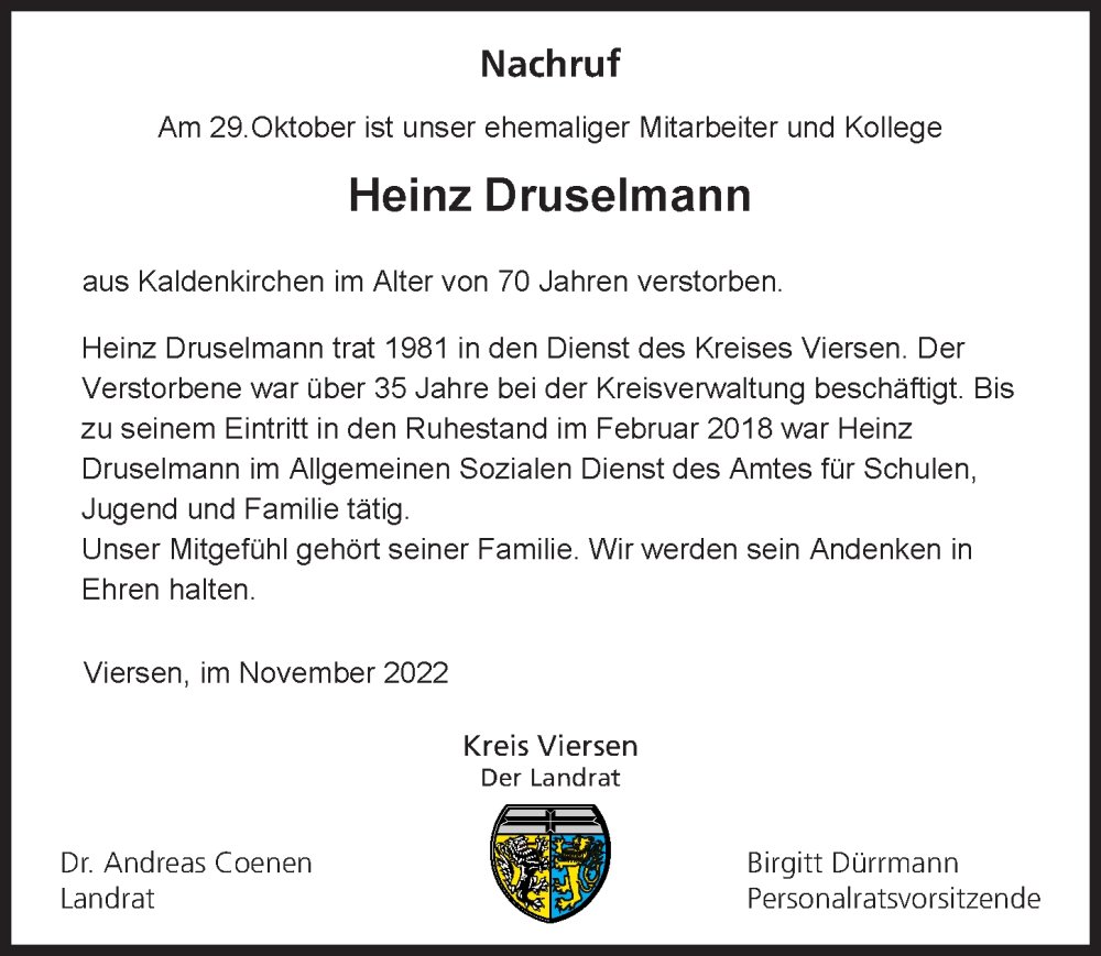  Traueranzeige für Heinz Druselmann vom 16.11.2022 aus Rheinische Post