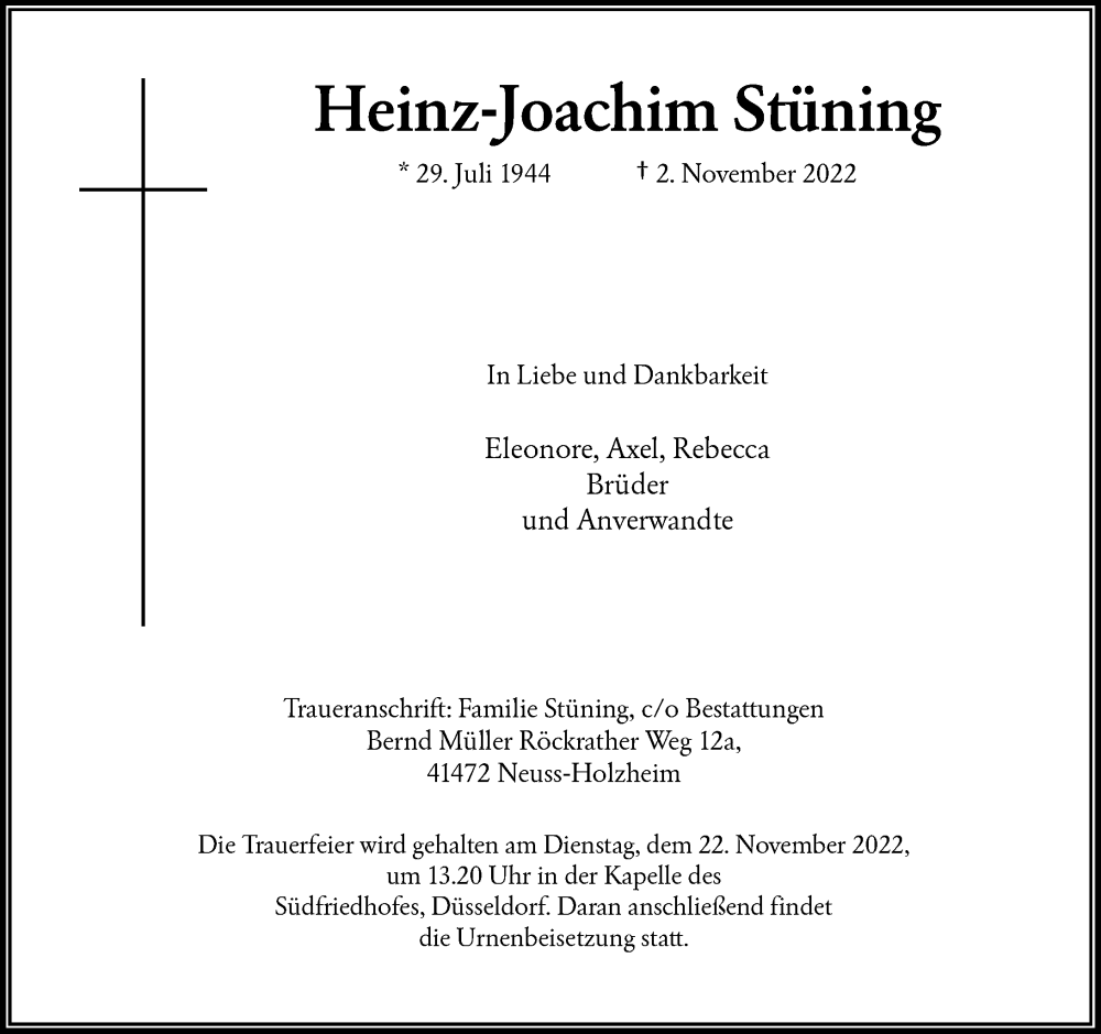  Traueranzeige für Heinz-Joachim Stüning vom 19.11.2022 aus Rheinische Post