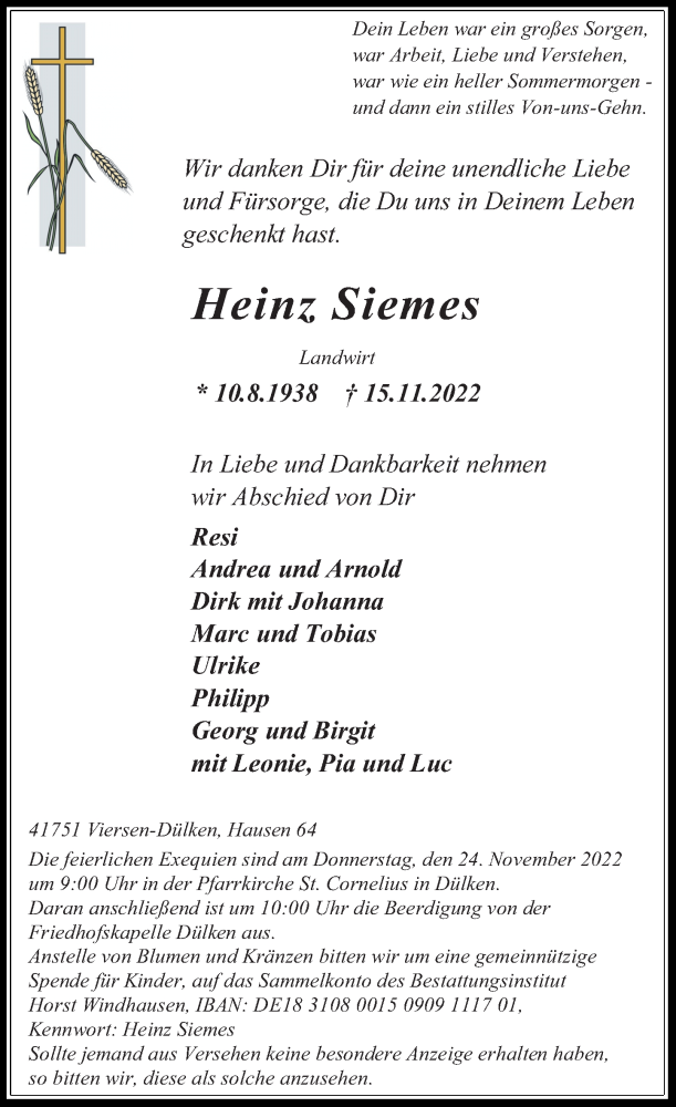  Traueranzeige für Heinz Siemes vom 19.11.2022 aus Rheinische Post