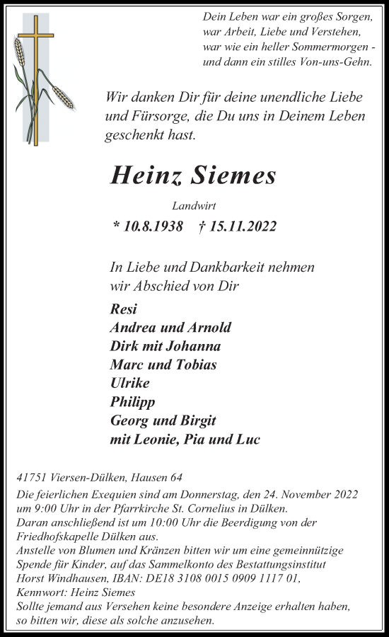 Traueranzeige von Heinz Siemes von Rheinische Post