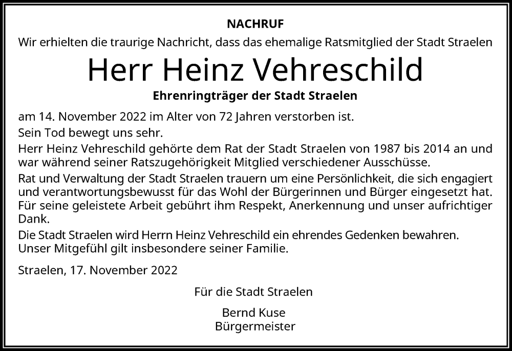  Traueranzeige für Heinz Vehreschild vom 19.11.2022 aus Rheinische Post