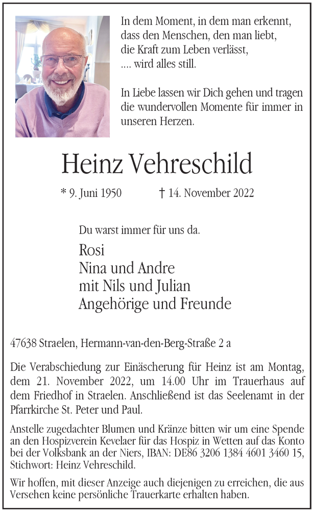  Traueranzeige für Heinz Vehreschild vom 17.11.2022 aus Rheinische Post