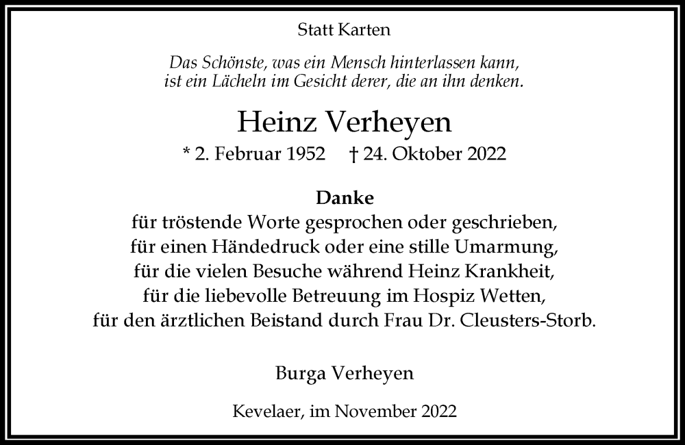  Traueranzeige für Heinz Verheyen vom 26.11.2022 aus Rheinische Post