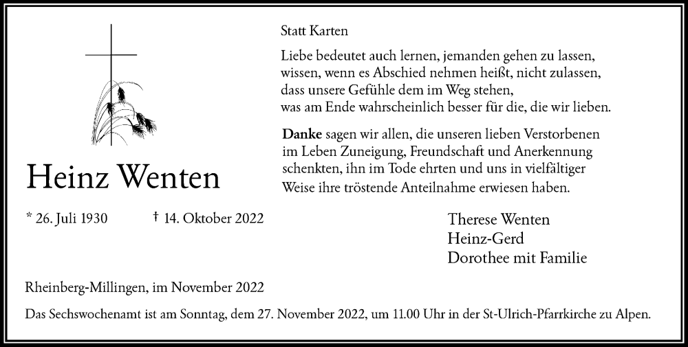  Traueranzeige für Heinz Wenten vom 19.11.2022 aus Rheinische Post
