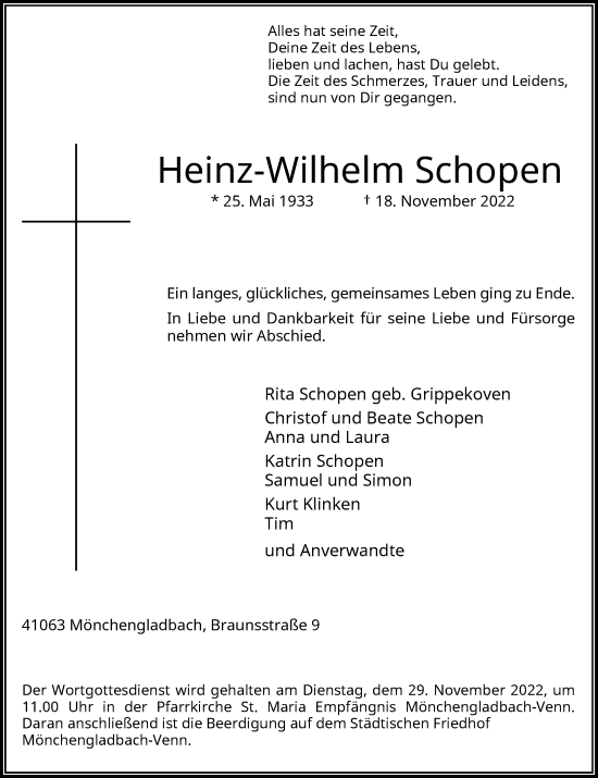 Traueranzeige von Heinz-Wilhelm Schopen von Rheinische Post