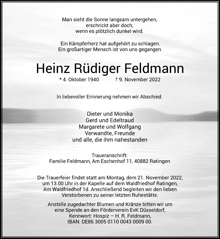  Traueranzeige für Heinz Rüdiger Feldmann vom 19.11.2022 aus Rheinische Post