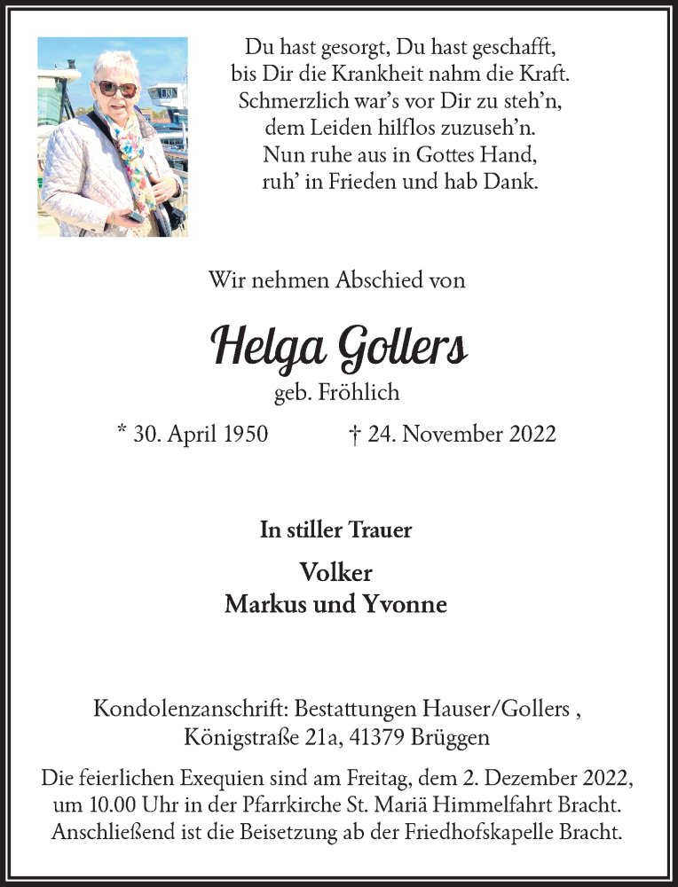  Traueranzeige für Helga Gollers vom 26.11.2022 aus Rheinische Post