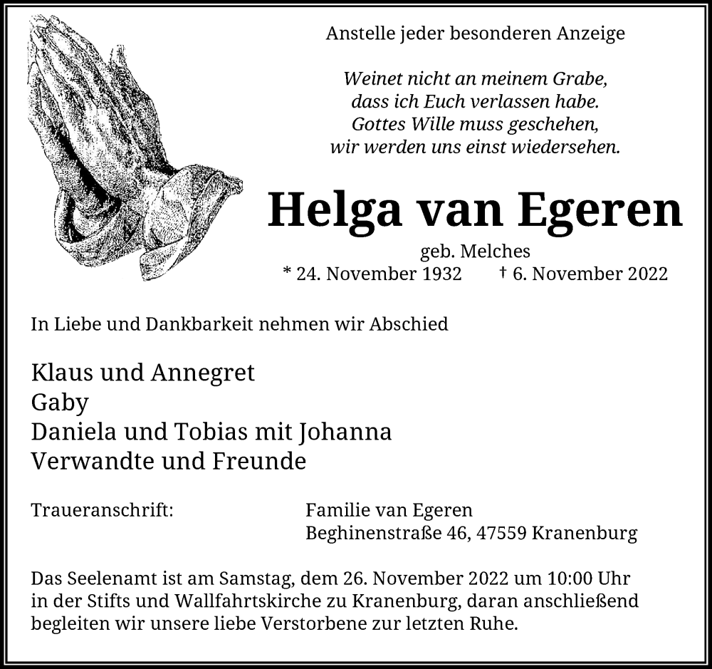  Traueranzeige für Helga van Egeren vom 12.11.2022 aus Rheinische Post