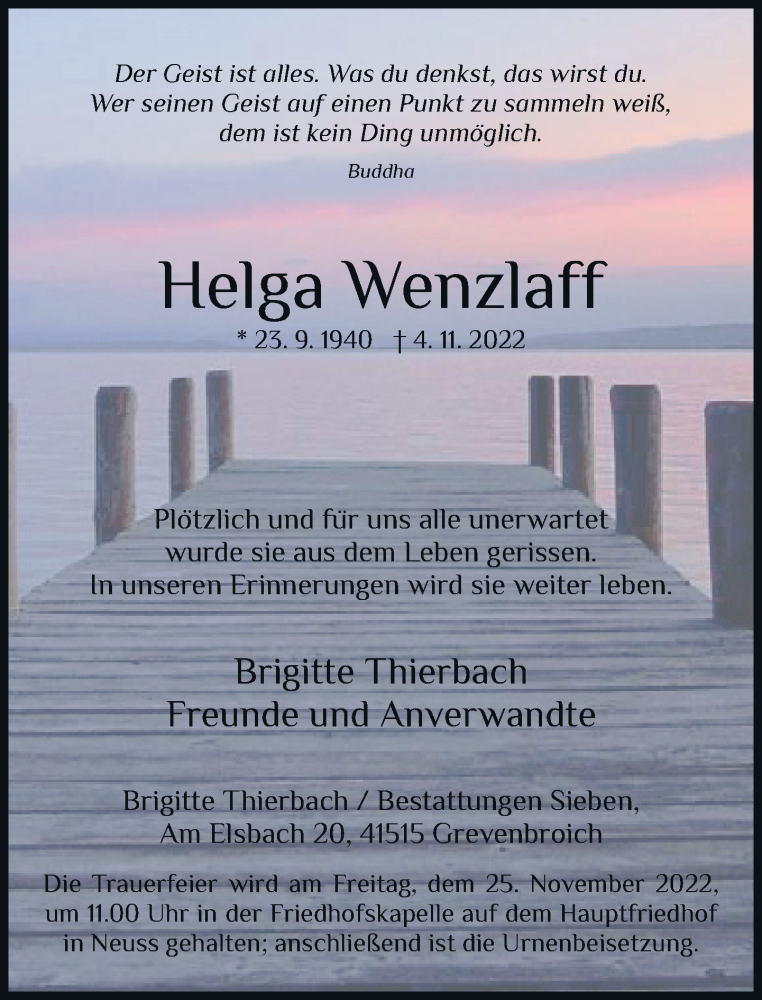  Traueranzeige für Helga Wenzlaff vom 19.11.2022 aus Rheinische Post