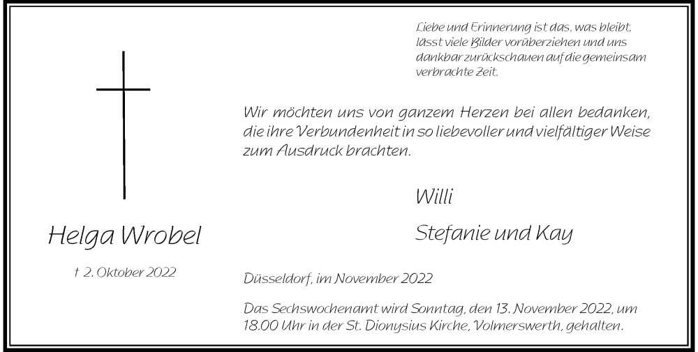  Traueranzeige für Helga Wrobel vom 09.11.2022 aus Rheinische Post