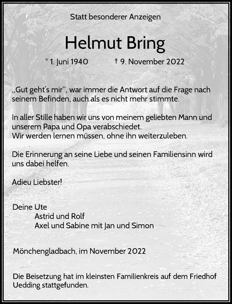  Traueranzeige für Helmut Bring vom 19.11.2022 aus Rheinische Post