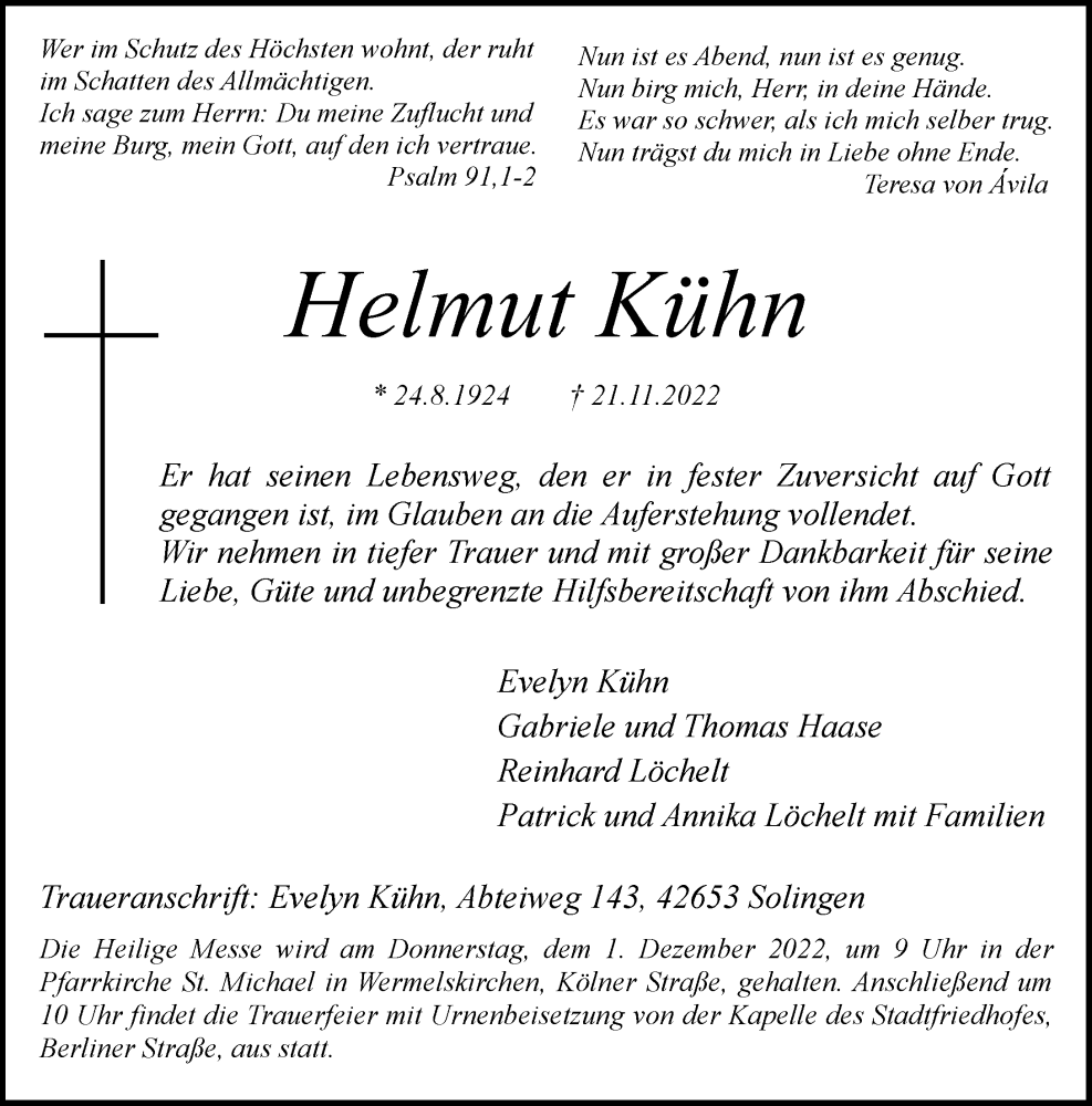 Traueranzeige für Helmut Kühn vom 26.11.2022 aus Rheinische Post
