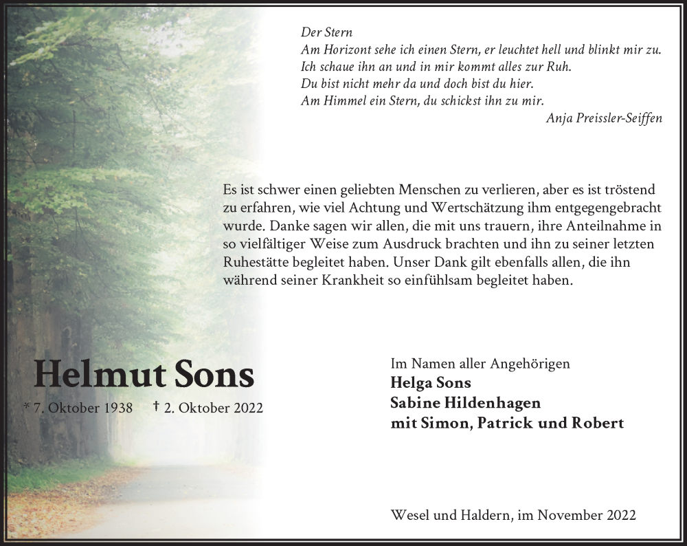  Traueranzeige für Helmut Sons vom 19.11.2022 aus Rheinische Post