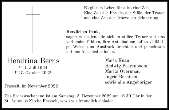 Traueranzeige von Hendrina Berns von Rheinische Post