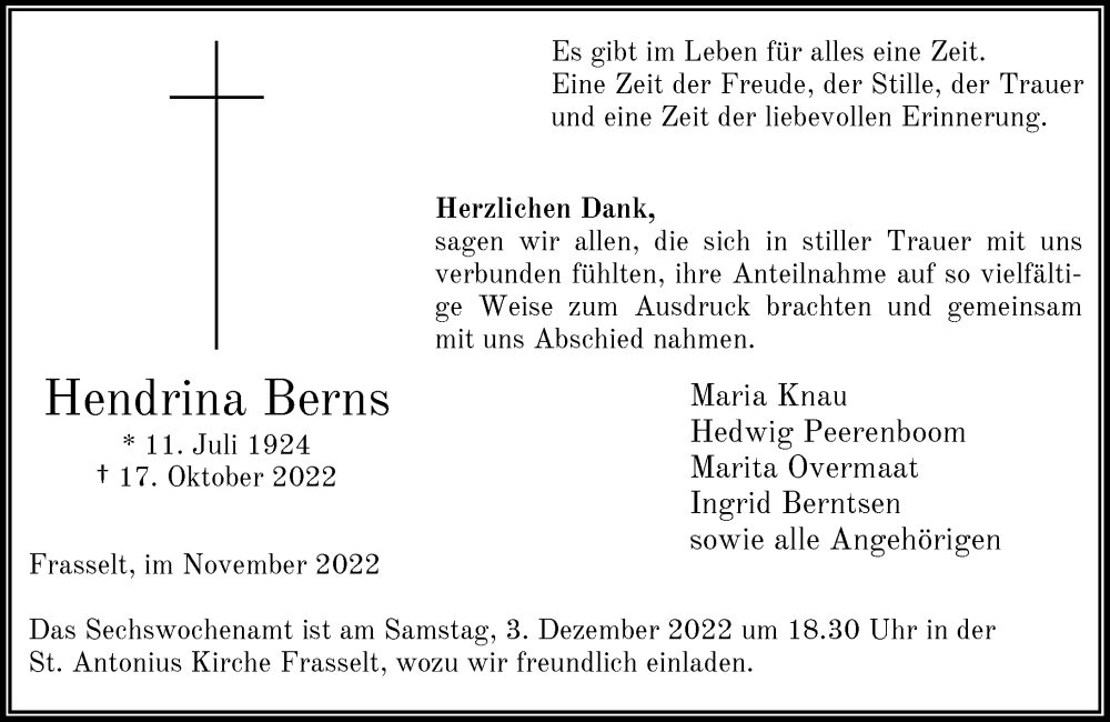 Traueranzeige für Hendrina Berns vom 26.11.2022 aus Rheinische Post