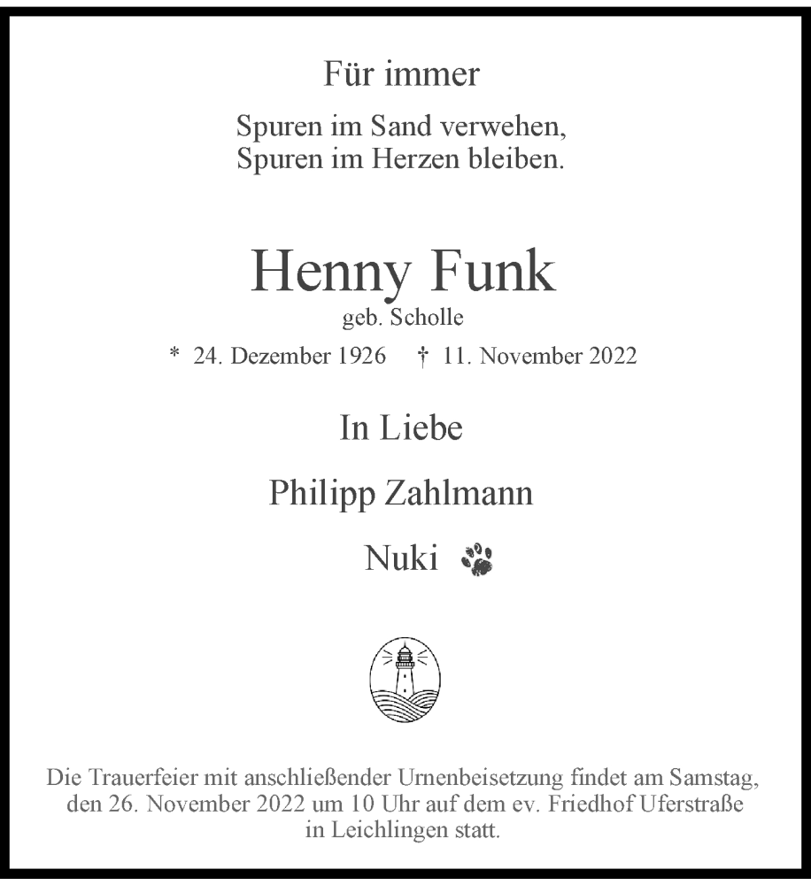  Traueranzeige für Henny Funk vom 19.11.2022 aus Rheinische Post