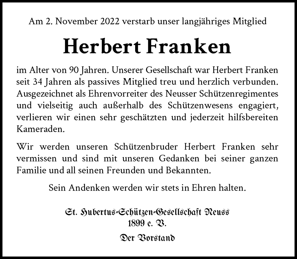  Traueranzeige für Herbert Franken vom 12.11.2022 aus Rheinische Post